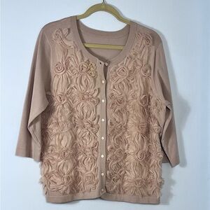 Elegant Beige Women's 3/4 Sleeve Cardigan Sweater with Tulle Floral Design. EXC